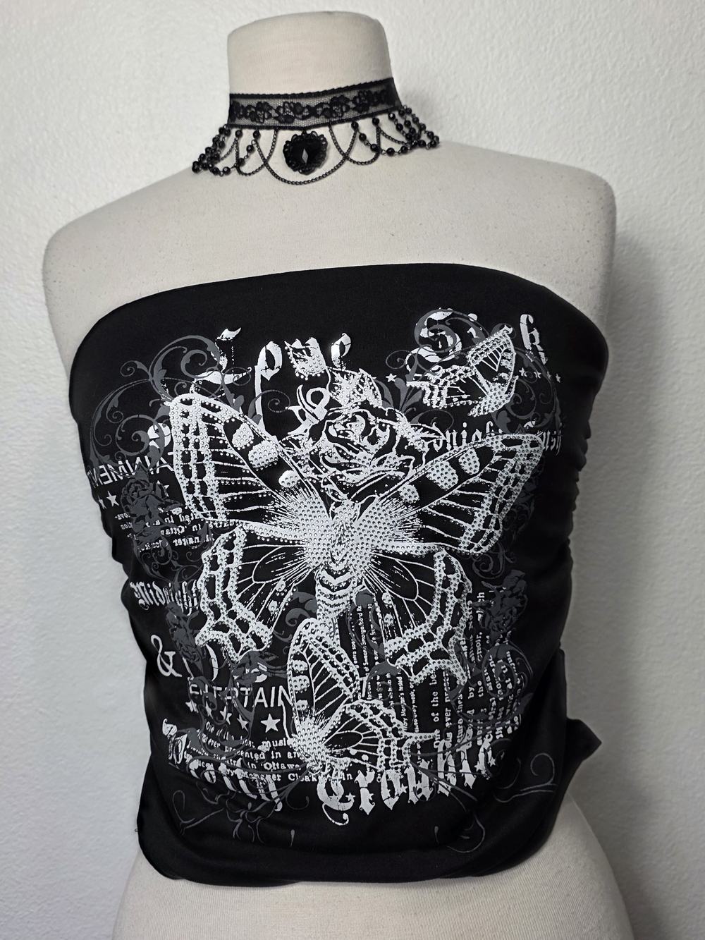 Black Strapless Butterfly Graphic Tube Top